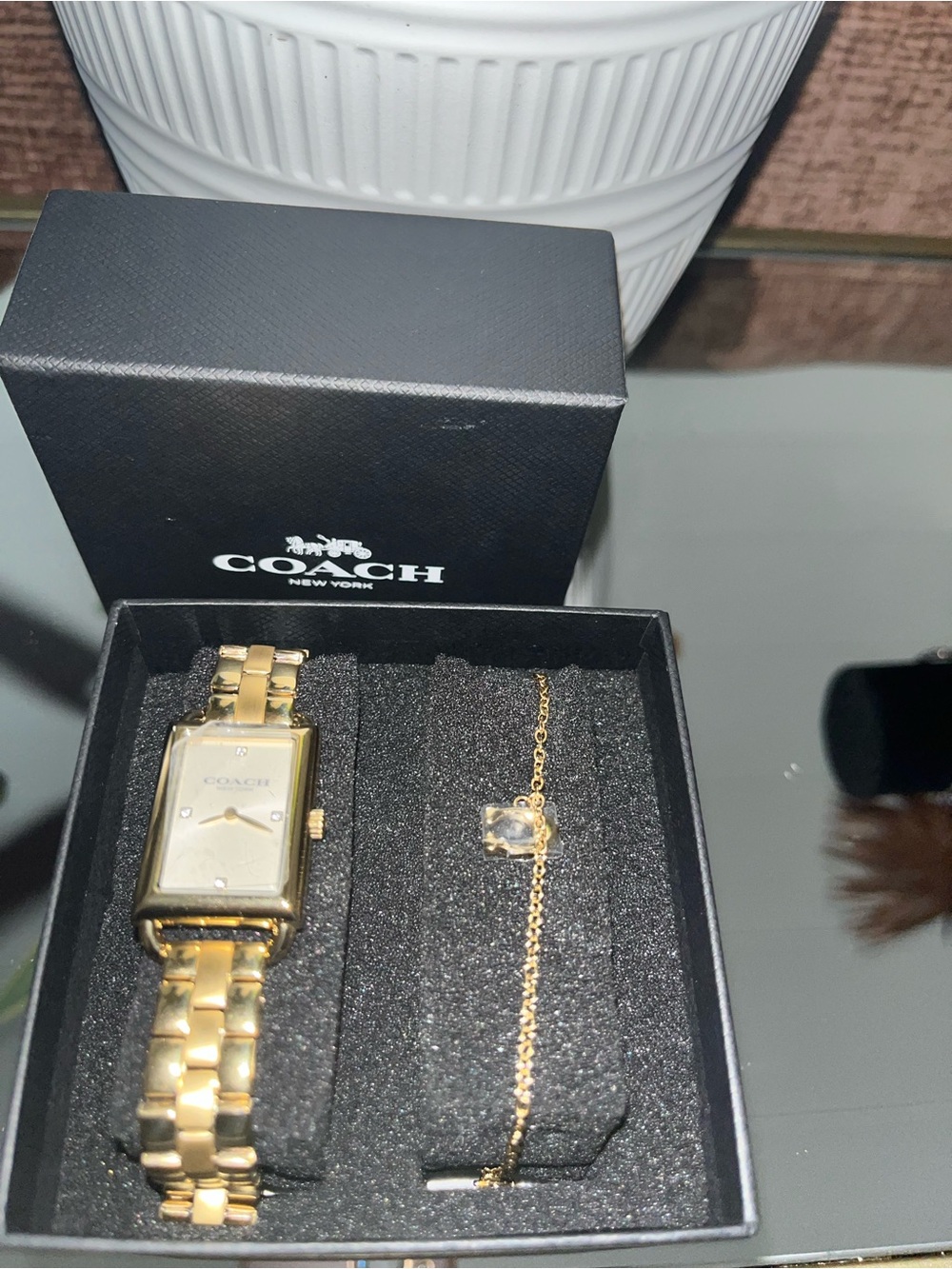 COACH Gold-Tone Rectangular Bracelet Watch with Matching Chain Bracelet
